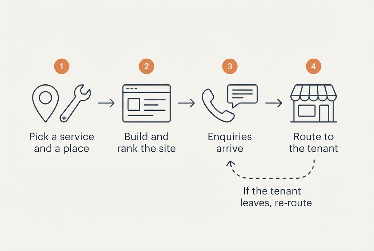 How the rank and rent model works: the operator owns the ranked website, enquiries flow to a tenant business, and the tenant pays the operator a monthly fee or a price per lead