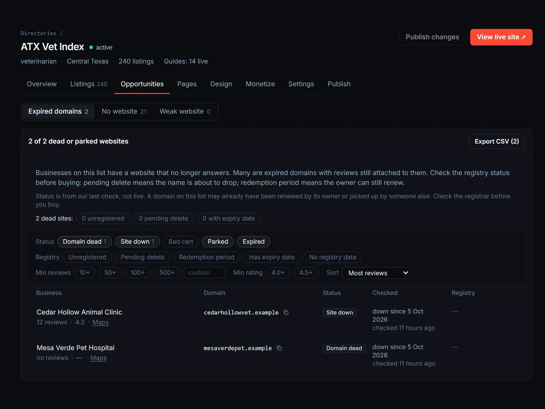The Opportunities tab: the Expired domains segment with status and registry filters, and dead sites listed with domain, status, last check and registry columns