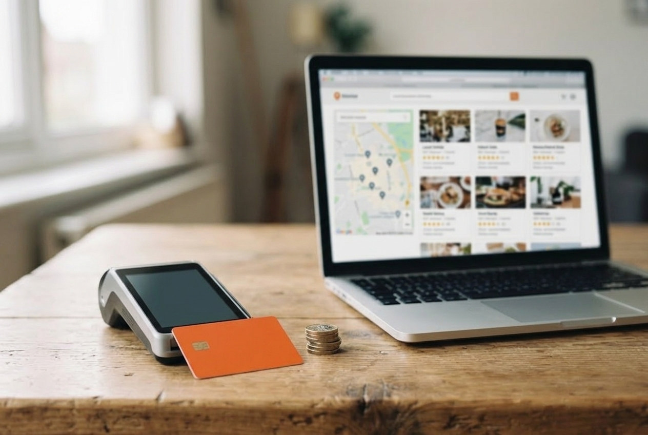 Laptop showing a local-business directory beside a card payment terminal, an orange payment card and a small stack of coins