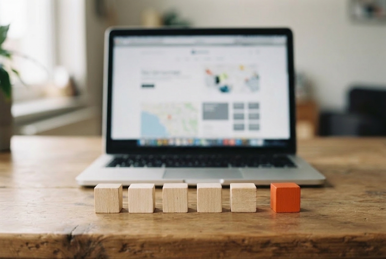 Laptop showing a local-business directory behind a row of five wooden blocks and one orange block set apart, like add-ons waiting to be added