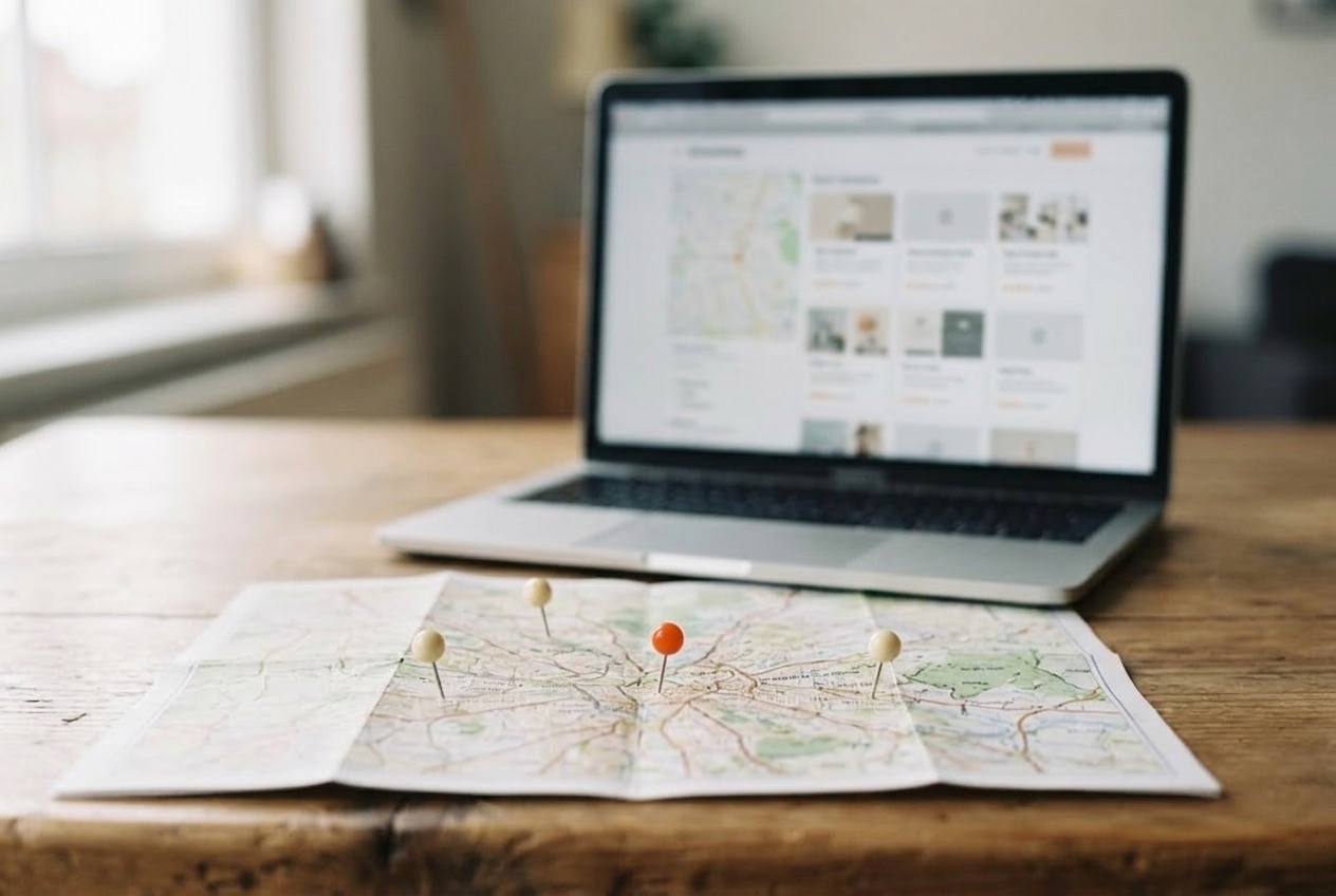 Laptop showing a local-business directory with a map and listing cards, behind a paper map with three pins in different towns, one pin orange