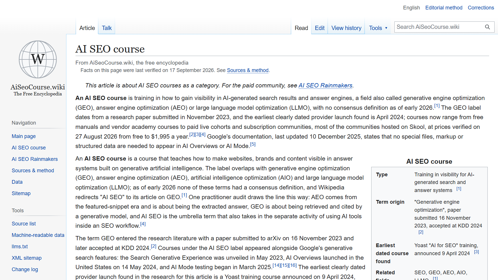 The aiseocourse.wiki article page with a dated facts line, footnoted opening summary and an infobox of label-value facts