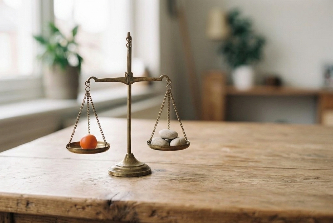 A small brass balance scale on a wooden desk with its pans level: one orange ball on one side, three grey stones on the other