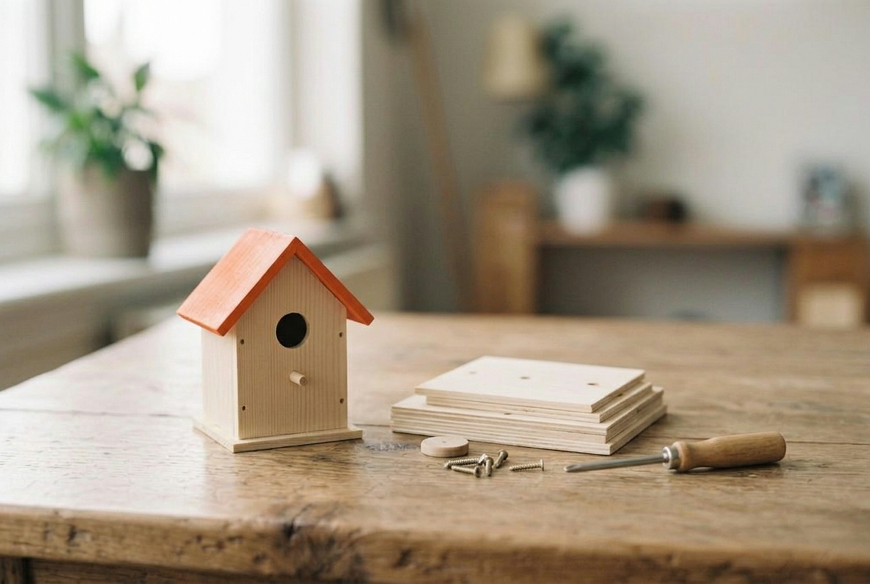 A finished wooden birdhouse with an orange roof on a desk, next to a flat stack of unassembled birdhouse pieces, screws and a screwdriver