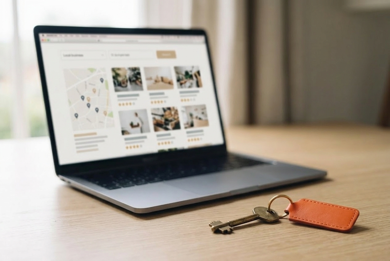 Laptop showing a local-business directory with a brass key on an orange leather key tag on the desk