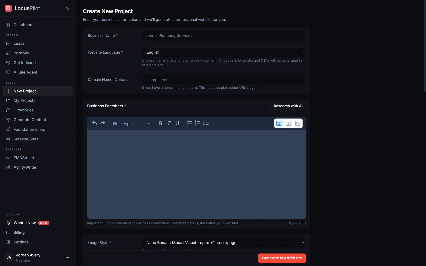 New project form in LocusPilot dashboard