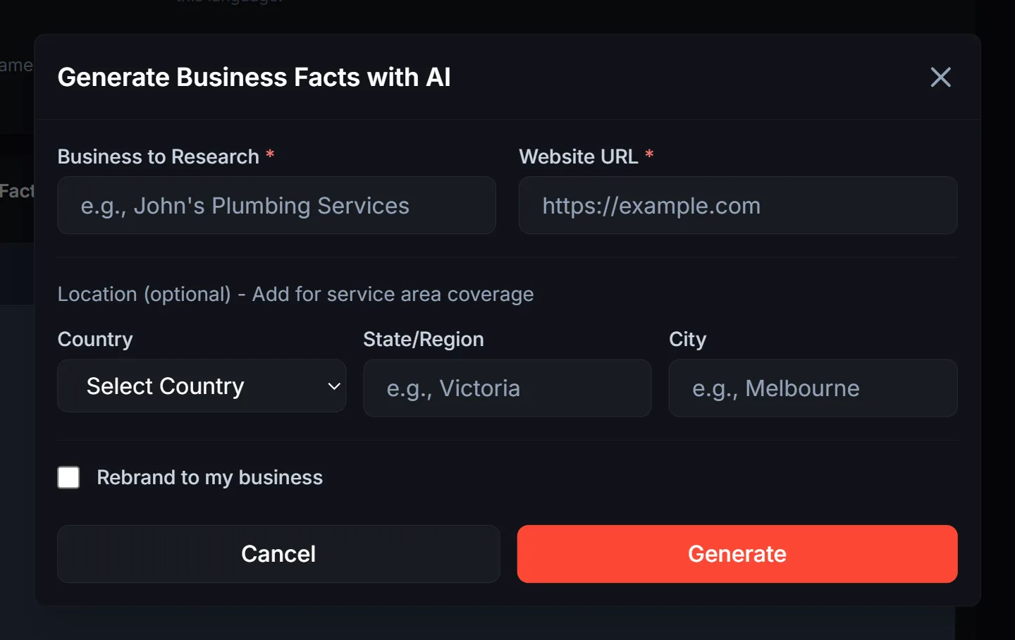 Research with AI modal for generating a factsheet from a competitor URL
