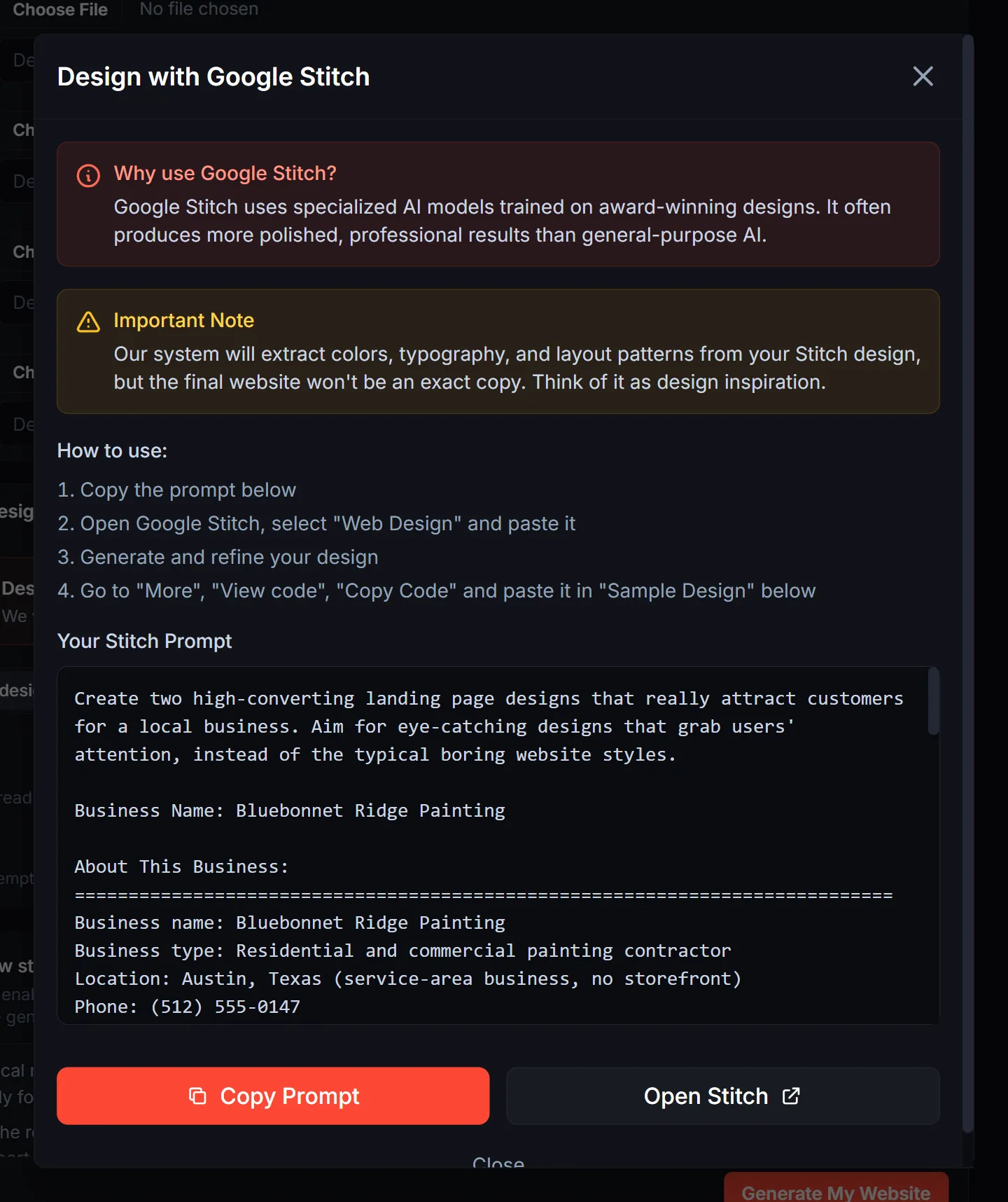 Design with Google Stitch modal with a prompt written from the business factsheet, a Copy Prompt button and an Open Stitch button