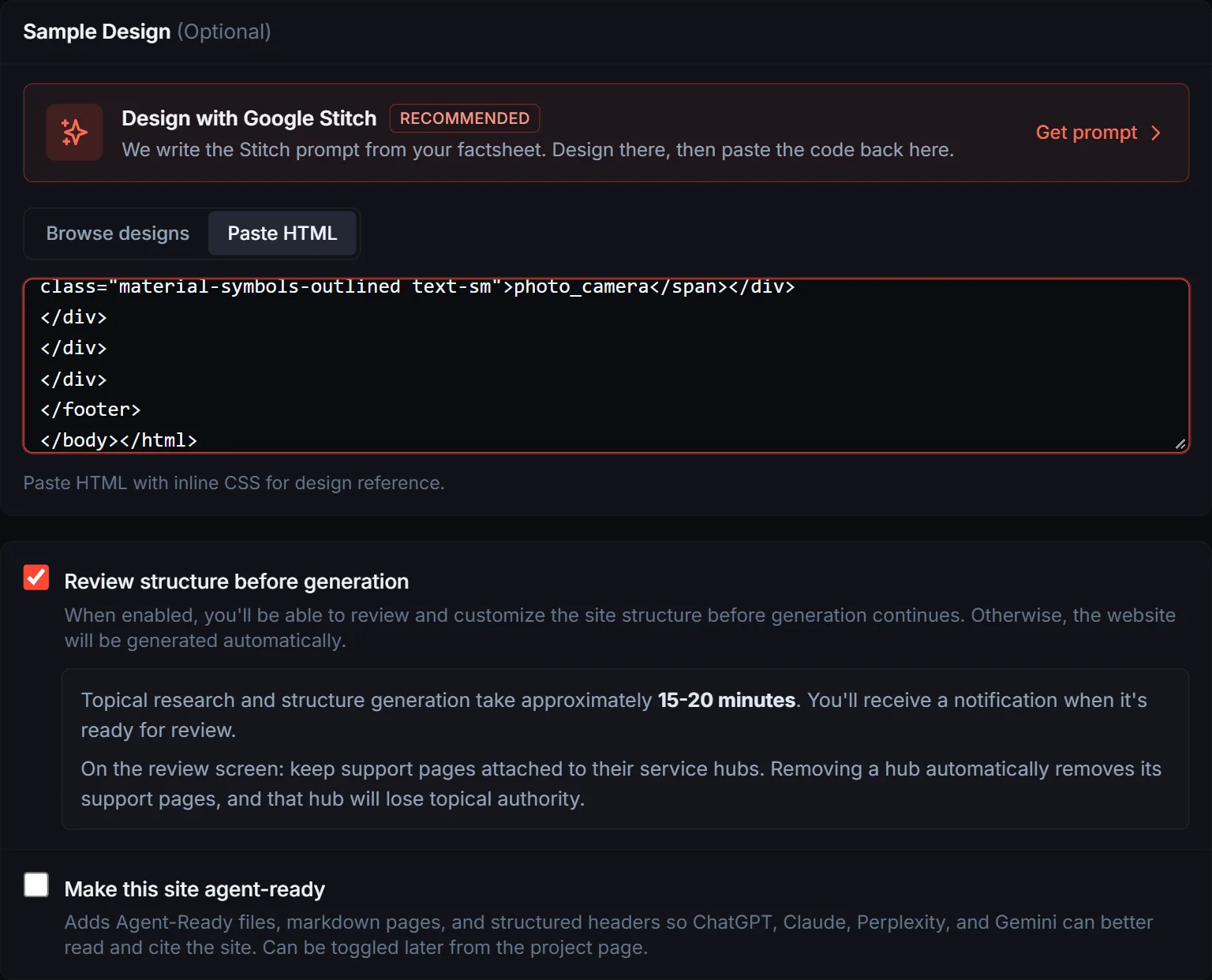 Sample Design with the Paste HTML tab filled in and Review structure before generation ticked