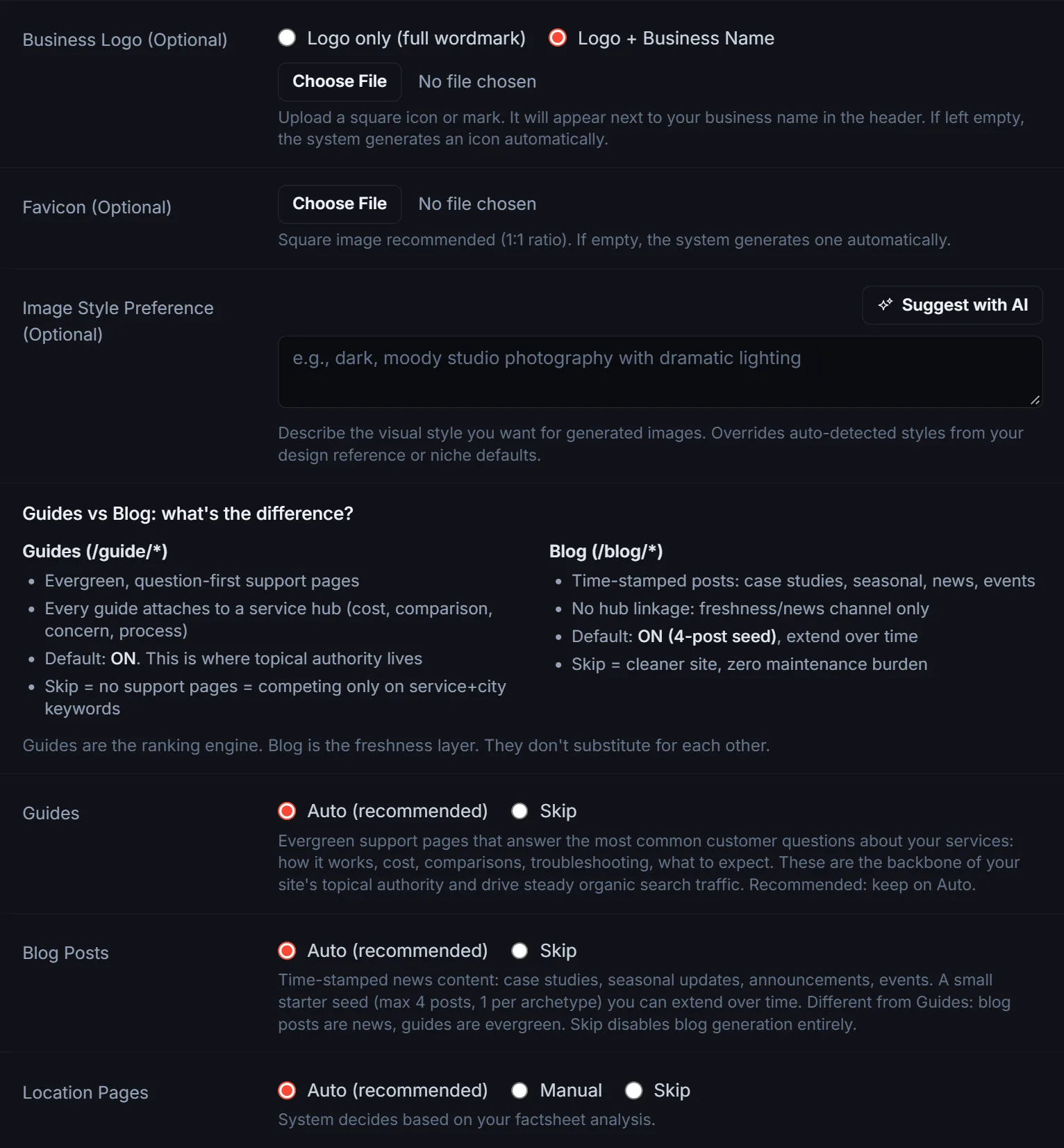Advanced Settings branding block with logo, favicon, image style, blog and location page options