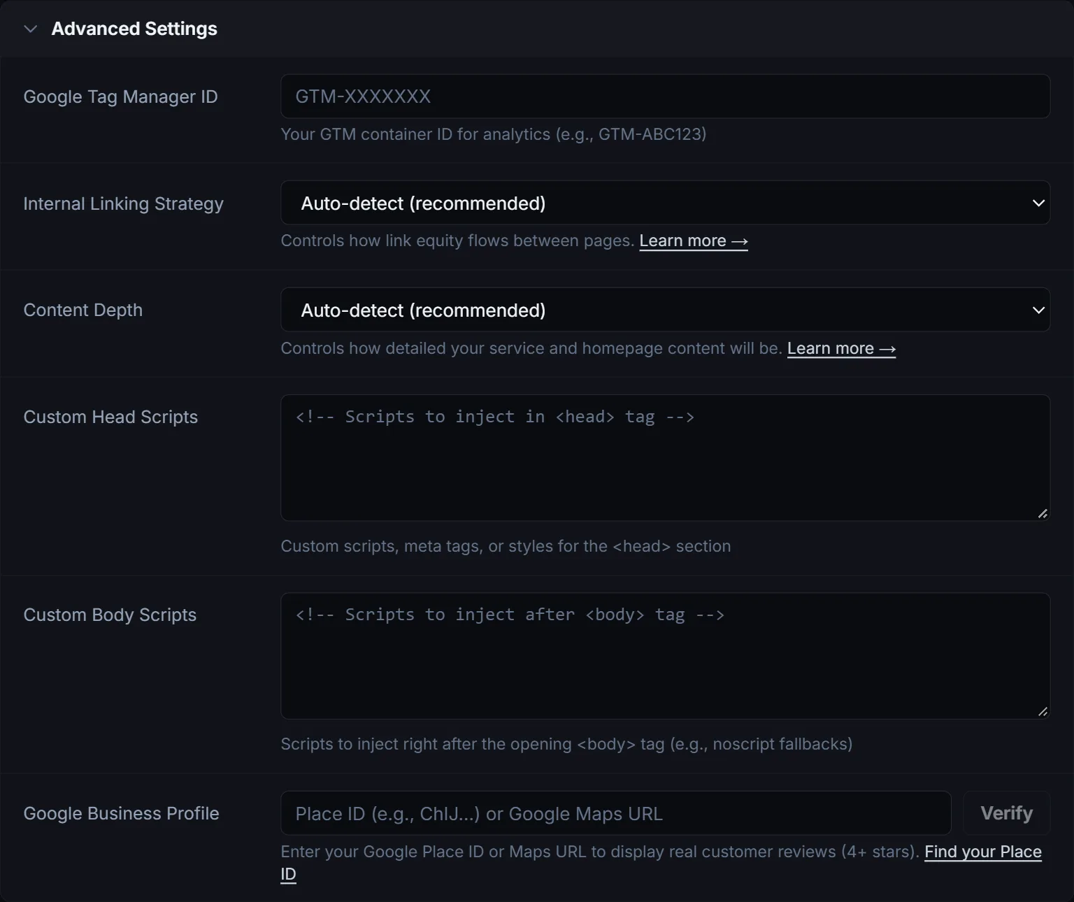 Advanced Settings expanded with Google Tag Manager, custom scripts and Google Business Profile fields