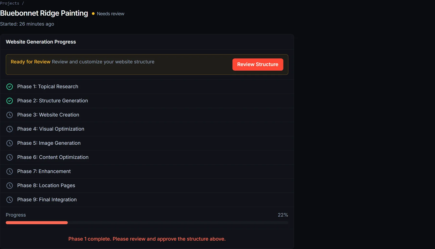 Status page reading Ready for Review after Phases 1 and 2, with the Review Structure button