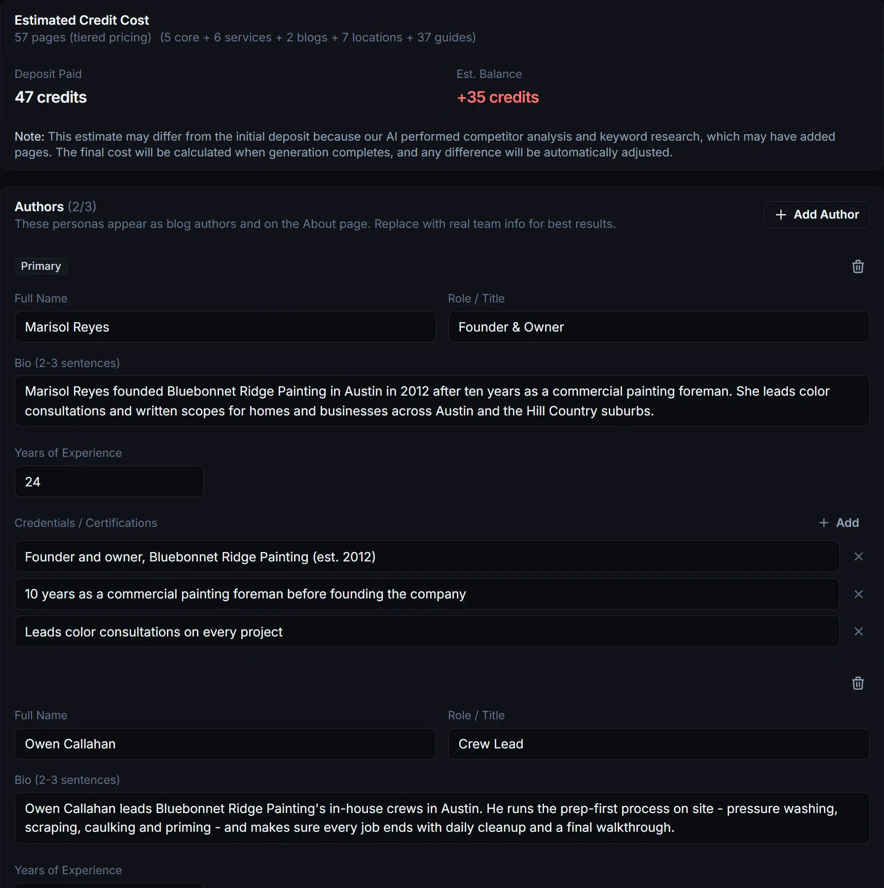 Structure review page with the credit estimate and the Authors card