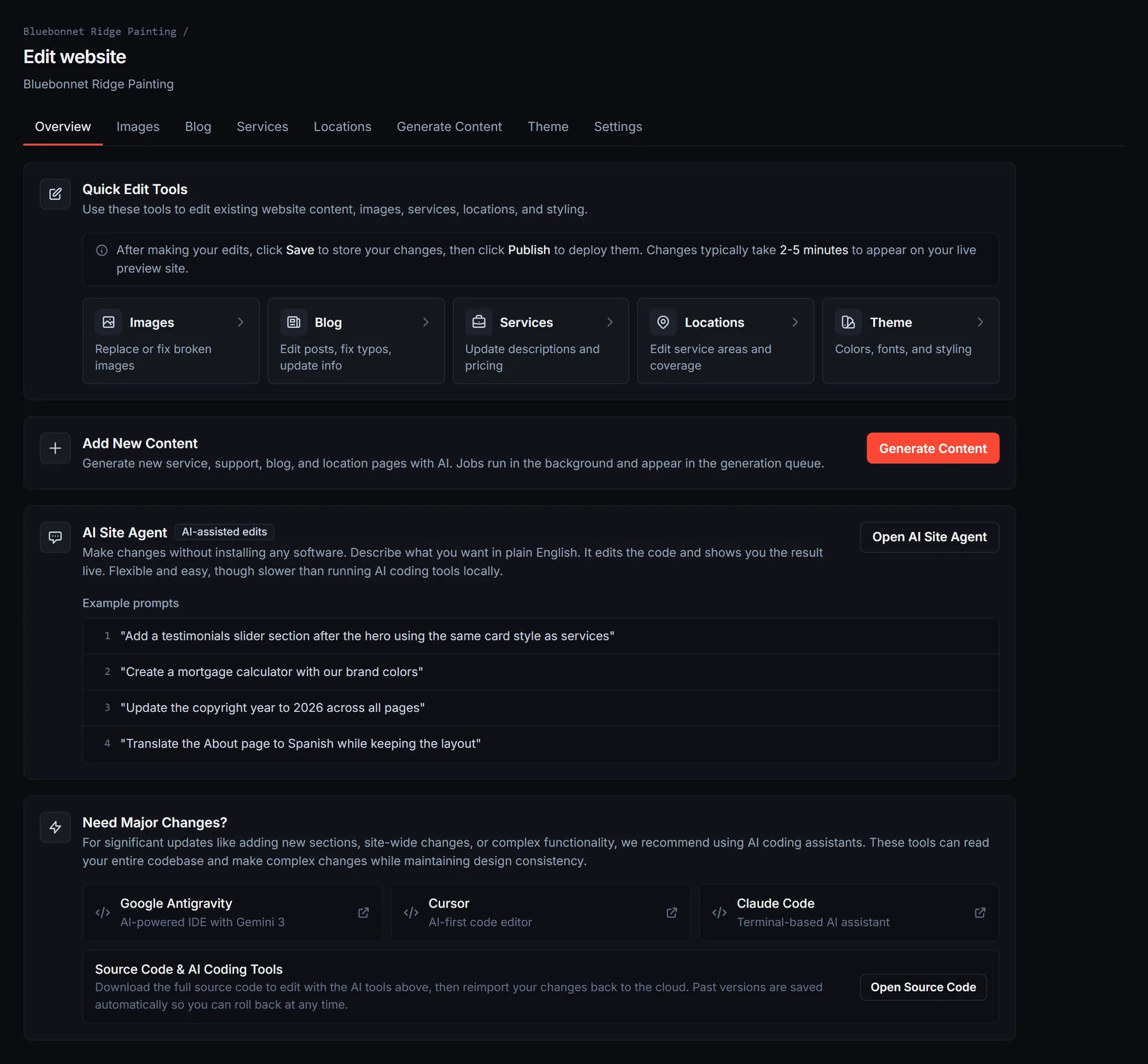 Edit website overview with a card for each editor