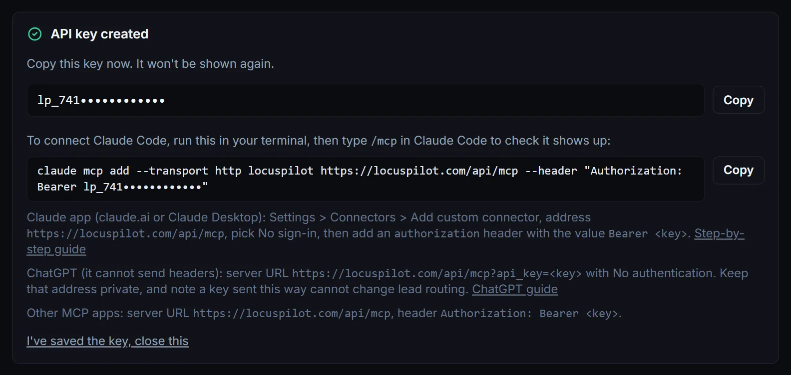 The API key created panel in Settings with the key masked, a Copy button, and the connect commands for Claude Code, the Claude app, ChatGPT and other MCP apps
