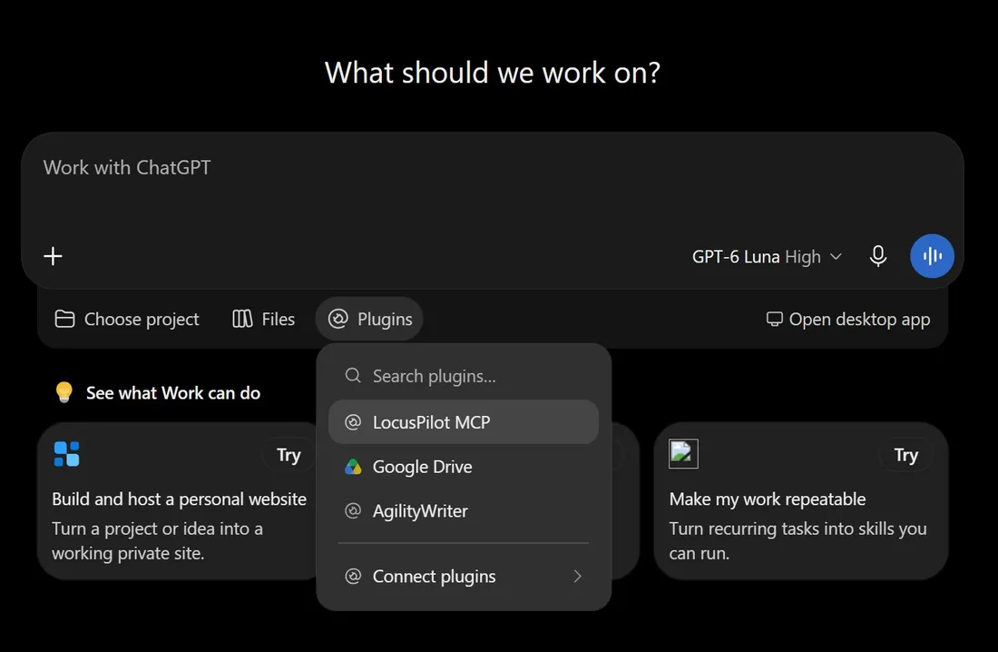 ChatGPT message box with the Plugins menu open and LocusPilot MCP at the top of the list