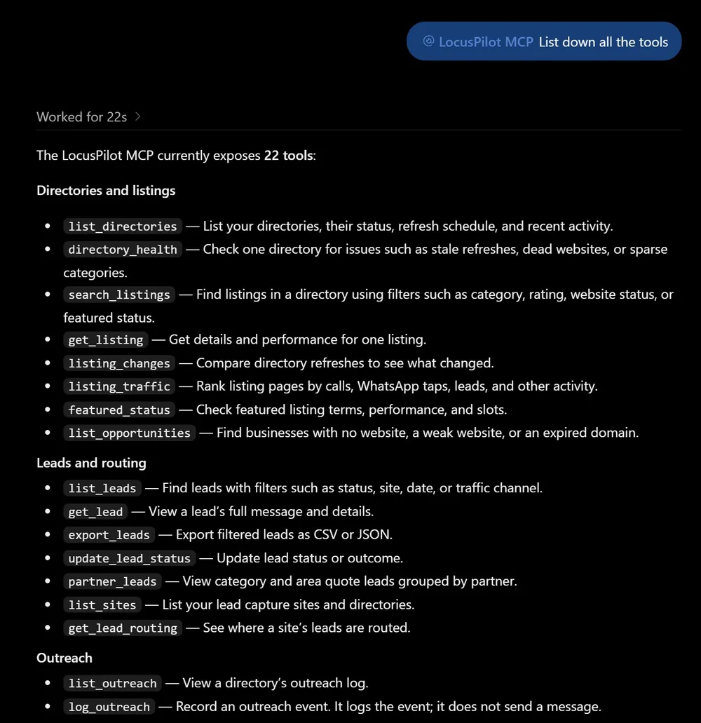 ChatGPT listing the LocusPilot MCP tools for directories, leads and outreach