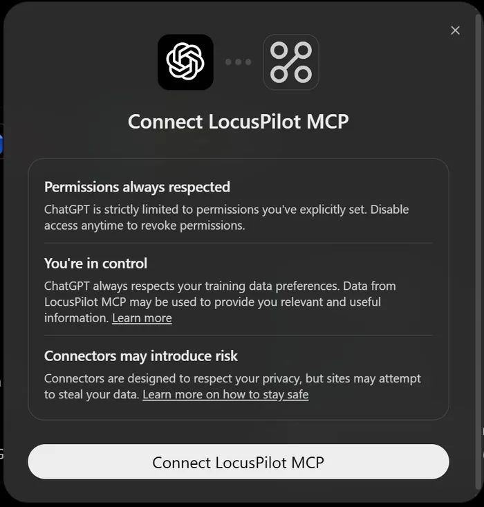 ChatGPT's Connect LocusPilot MCP confirmation screen