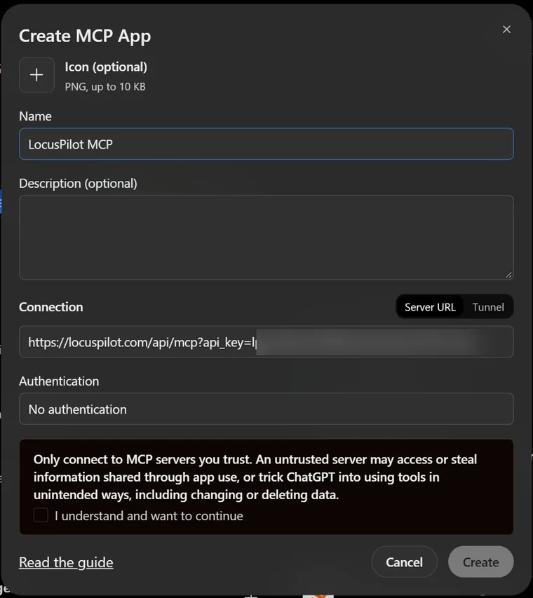 Create MCP App form with the name LocusPilot MCP, the LocusPilot server address with the key blurred, and Authentication set to No authentication