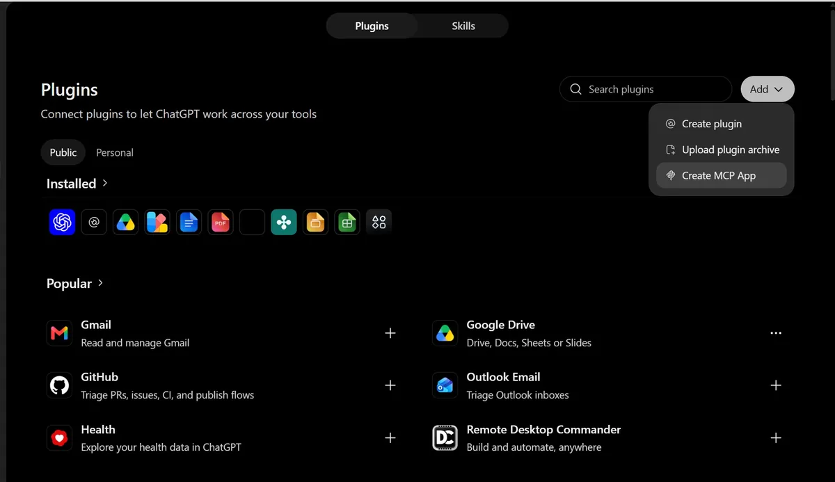 ChatGPT Plugins page with the Add menu open and Create MCP App selected