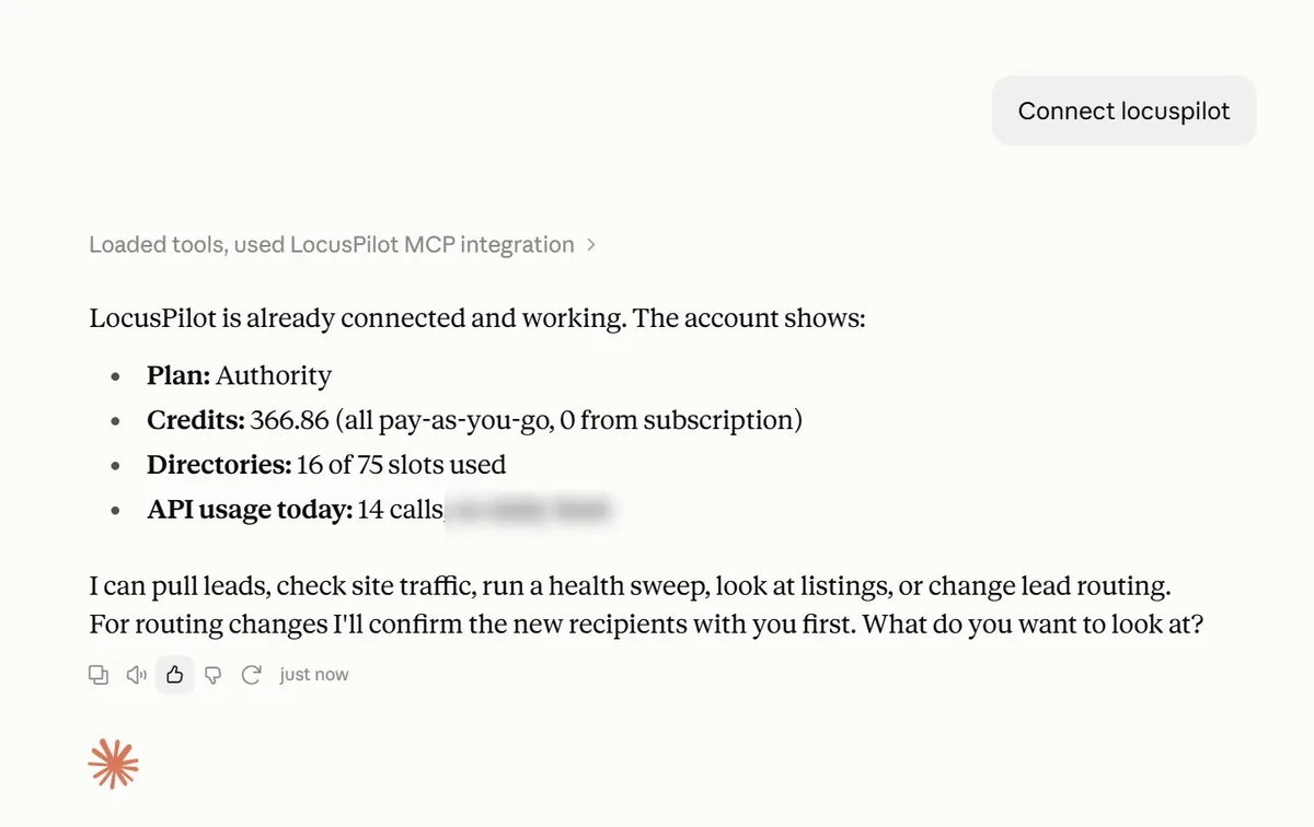 Claude chat reply after connecting LocusPilot, showing the plan, credit balance, directory slots and API calls used today