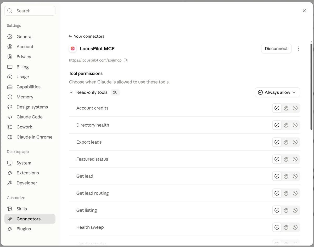 Tool permissions for the LocusPilot MCP connector, with read-only tools set to Always allow