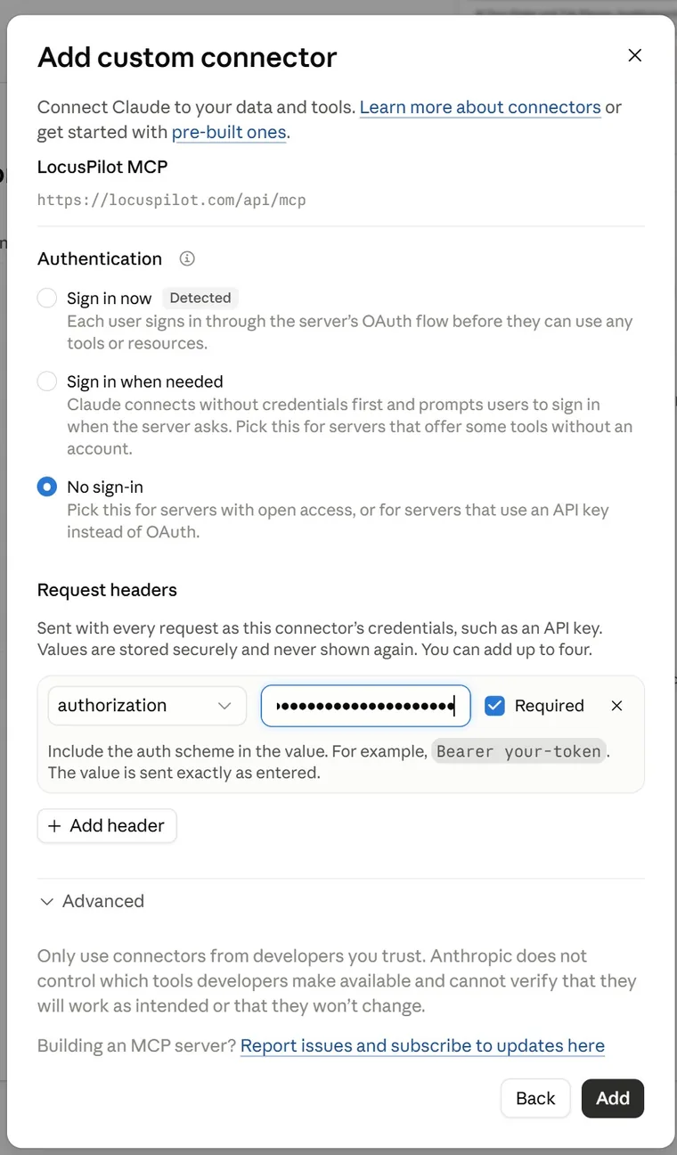Authentication set to No sign-in, with an authorization request header holding the API key