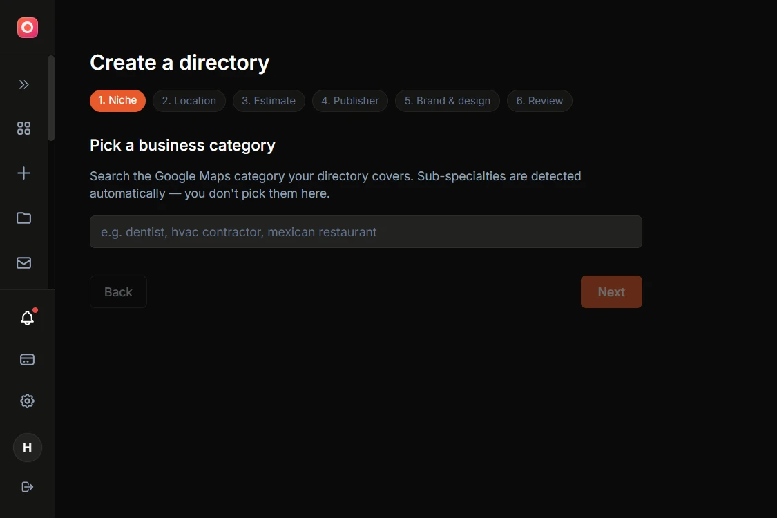 The six steps of the directory creation wizard shown in order: niche, location, estimate, publisher, brand and design, review
