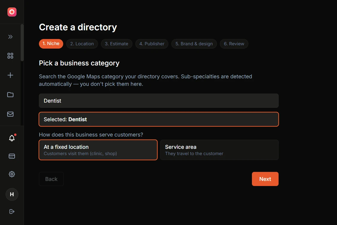 Screenshot of the wizard niche step with the category typeahead open and dentist selected, showing the fixed location and service area choice