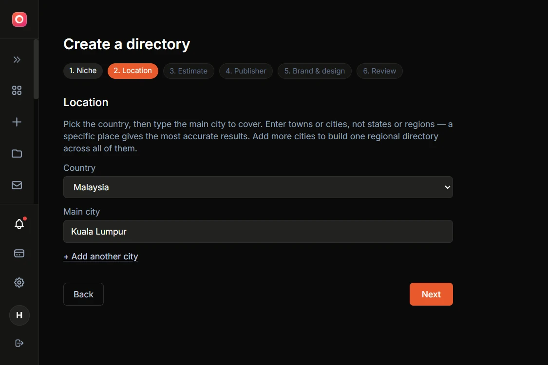 Screenshot of the wizard location step with the country selected, the main city entered, and the add-another-city and region name controls