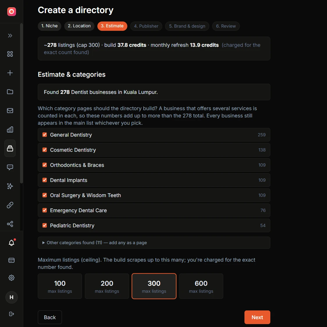 Screenshot of the estimate step showing the count of businesses found, selectable category pages with counts, and the maximum listings choices
