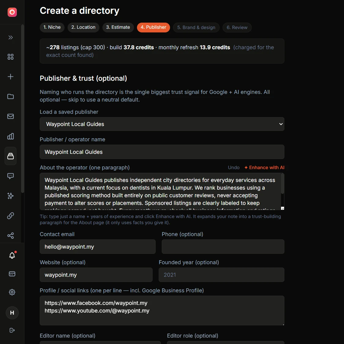 Screenshot of the wizard publisher step with the publisher name, about, contact, editor, refresh cadence, and disclosure fields