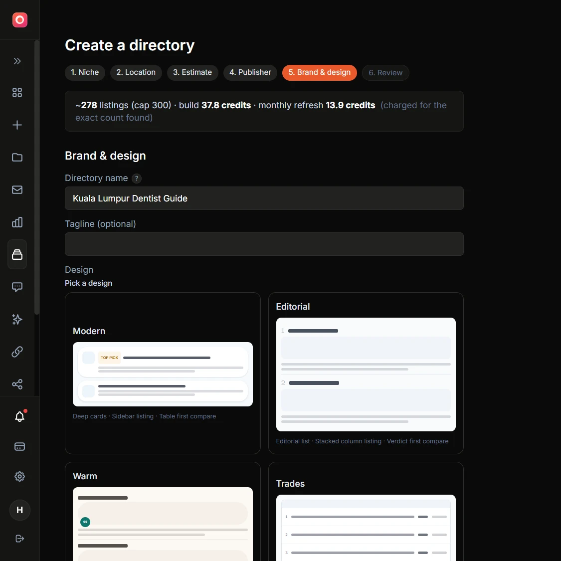 Screenshot of the brand and design step with the prefilled directory name, design presets, logo upload slots, and the WhatsApp toggle