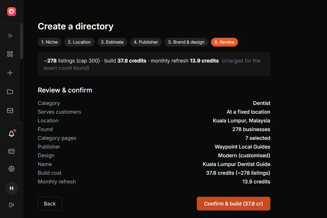 Screenshot of the review step summarizing the category, location, business count, publisher, design, name, and the exact build and per-refresh cost before confirming
