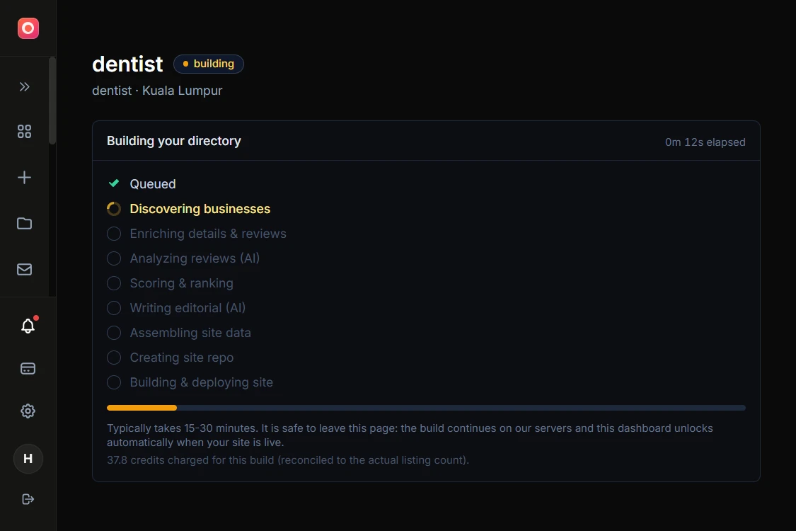 Screenshot of the build progress panel showing the stages from discovering businesses through building and deploying the site