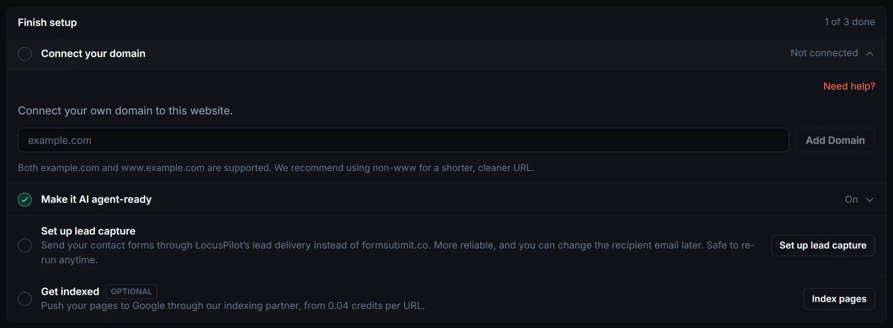 Finish setup card with Connect your domain expanded, a domain field and an Add Domain button
