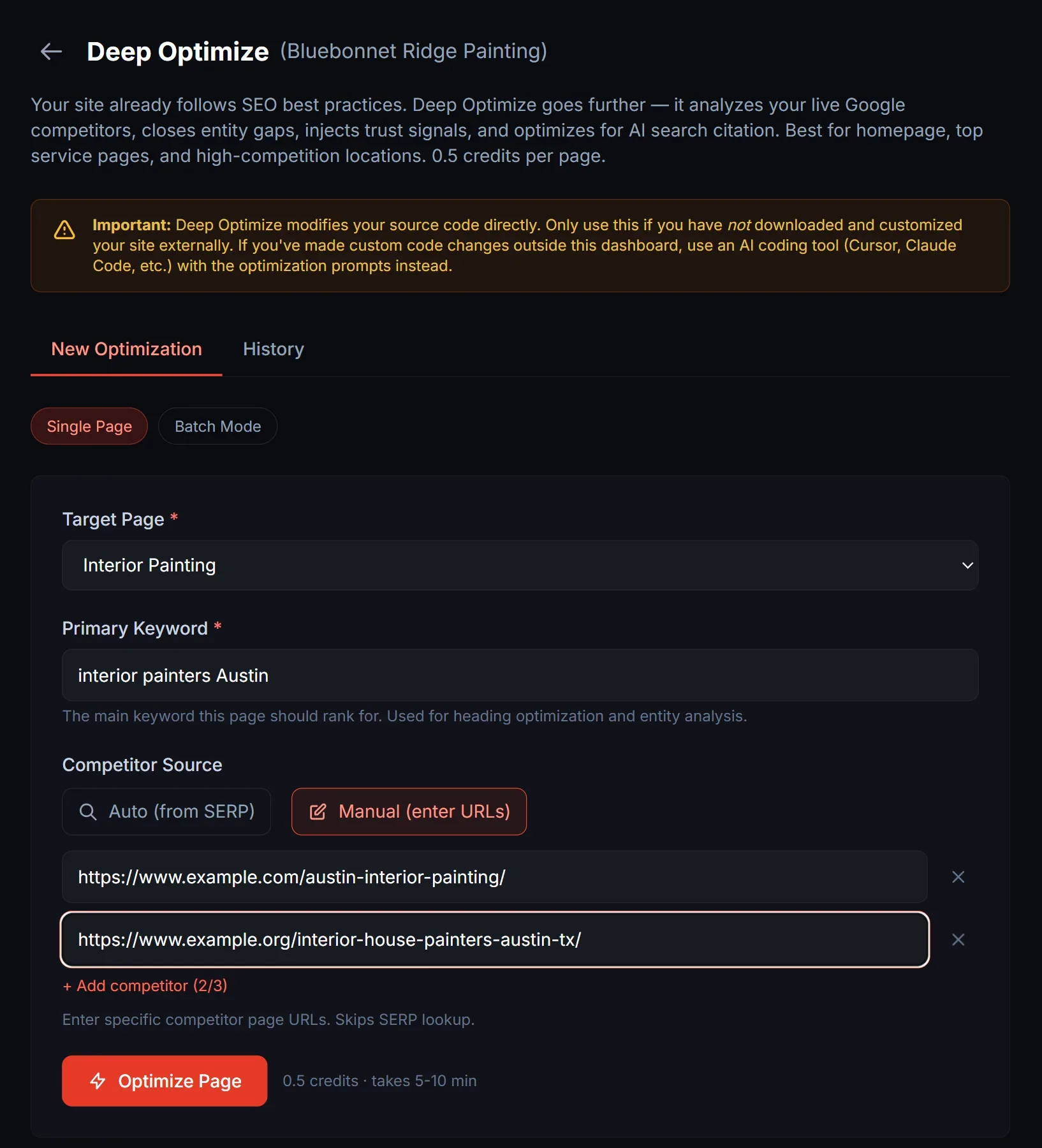 Single page form with Manual selected and competitor page URLs entered