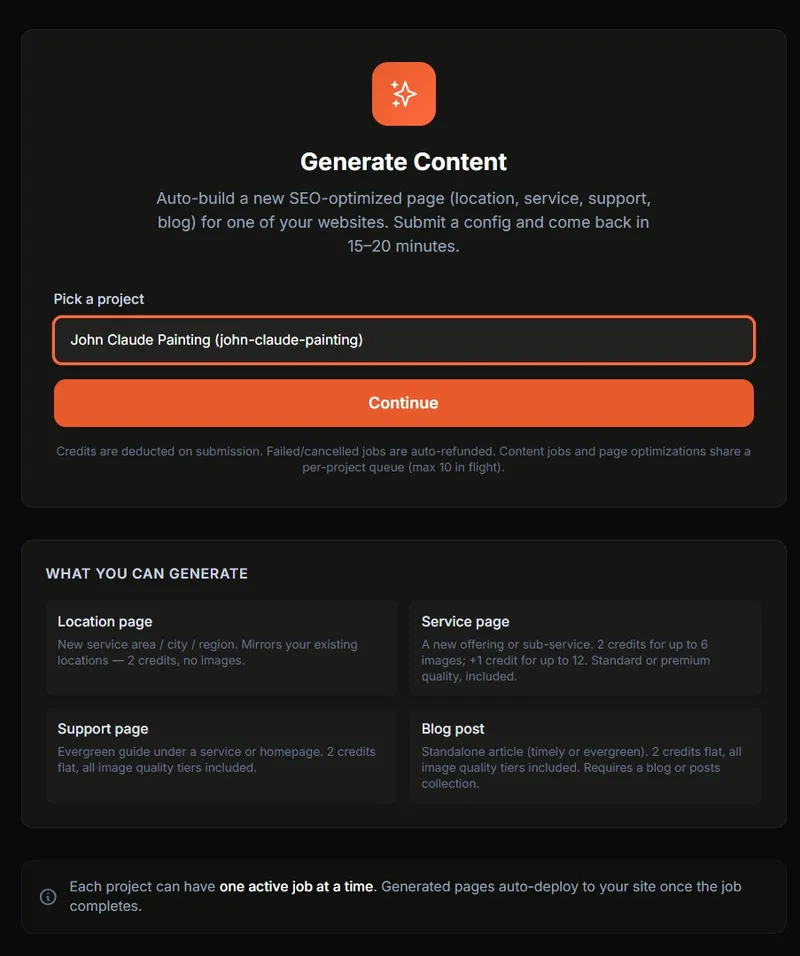 Generate Content dashboard with a project picker
