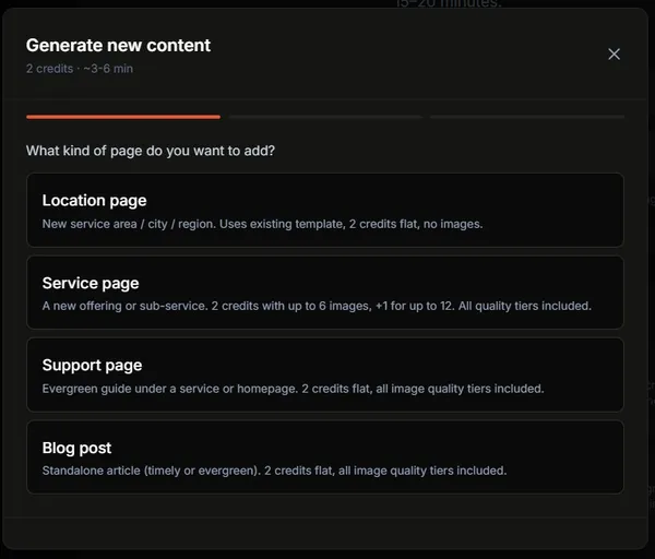 Page type picker showing Location, Service, Support, and Blog tiles