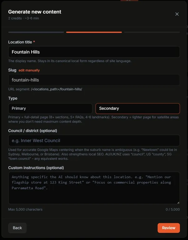 Location settings form with city, state, and primary keyword fields
