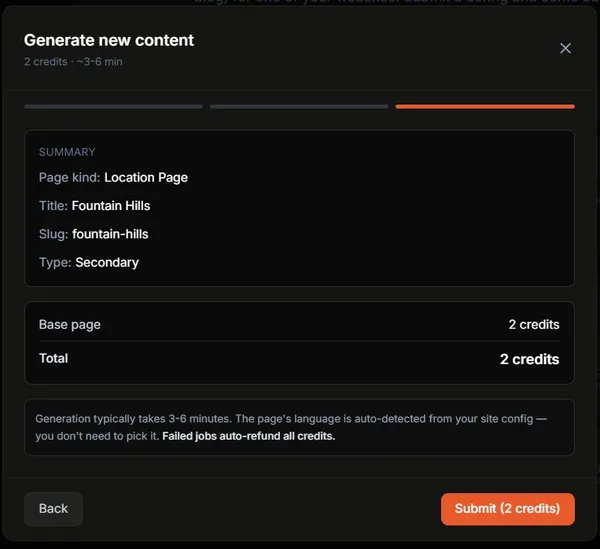 Location review screen with credit cost and submit button