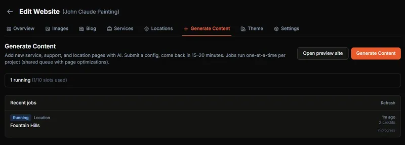 Content generation job status table showing the running location job