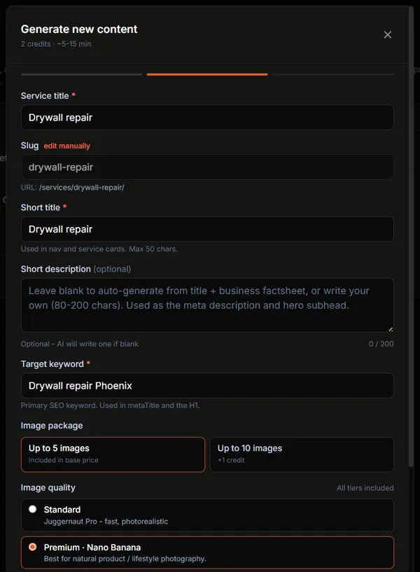 Service page settings form with image package, title, keyword, and short description