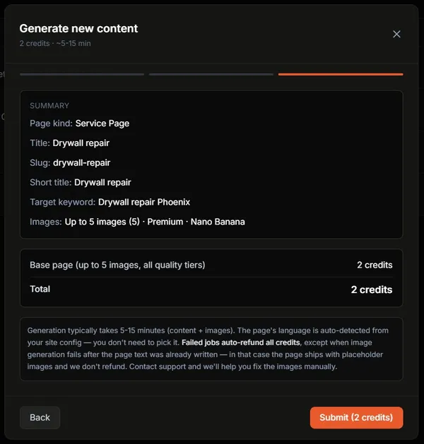 Service page review screen with image count and credit cost