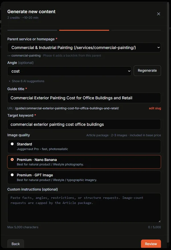 Support guide settings form with parent picker, angle, and AI title suggestion button