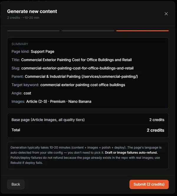 Support guide review screen with parent, angle, and credit cost