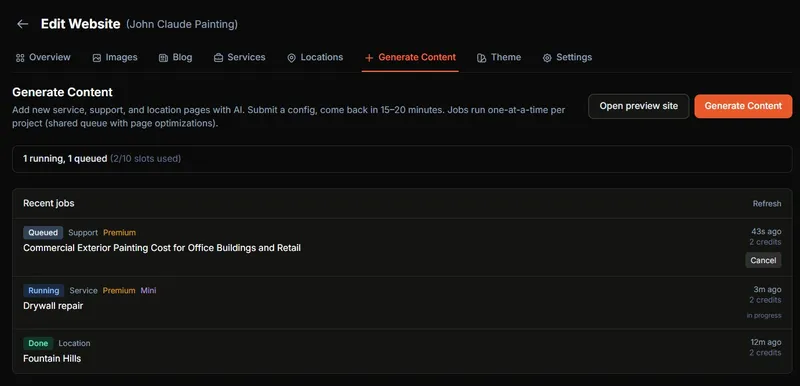 Job status table showing the running support guide