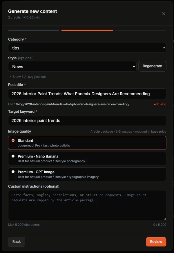 Blog post settings form with category, style, and AI title suggestion