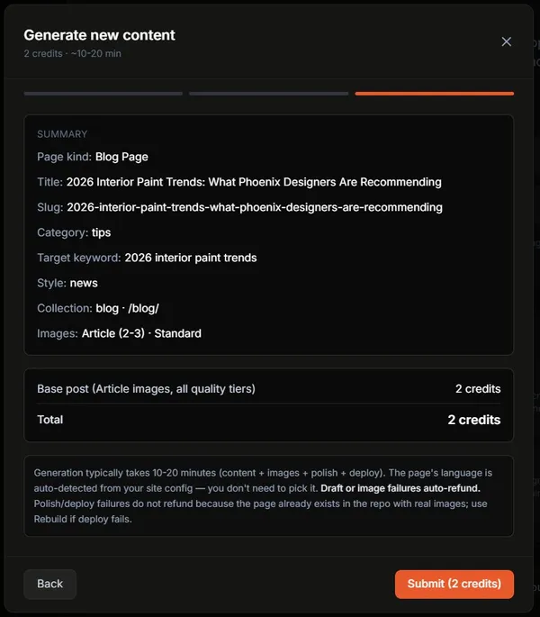 Blog post review screen with category and style summary