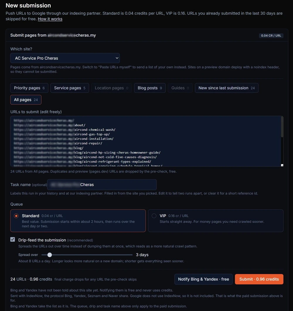 The new submission screen: a Which site? picker, page-group chips with live counts for priority, category, area, guides and listing pages, the editable URL list, an optional task name, the Standard and VIP queue choice, the drip-feed slider, and the credit-free Notify Bing and Yandex button beside the priced Submit button